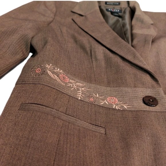 Axcess Liz Claiborne Floral Embroidered Jacket Career Stretch Blazer Brown Sz 14 - Picture 3 of 9